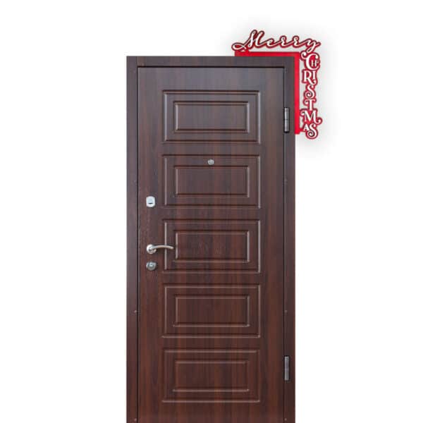 A closed, dark wooden door with decorative paneling. The words "Merry Christmas" are written in red, festive lettering above on the right side.