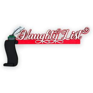 A decorative red sign with cursive text reading "Naughty List" in white graces the door corner. A feather quill pen rests atop an inkpot on the left, extending into a black scroll.