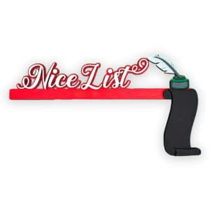 A decorative sign reading "Nice List" in red script graces any door corner, complete with a quill pen poised in an ink pot and a rolled-up scroll against a crisp white backdrop.