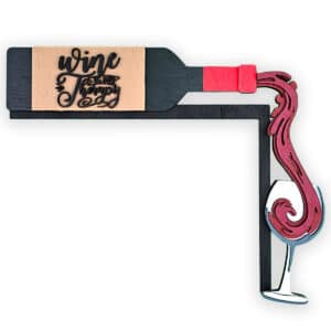 Illustration of a wine bottle pouring red wine into a glass, with the text "Wine is My Wine Therapy" on the label. The wine splash creates an artistic, flowing design against a white background.